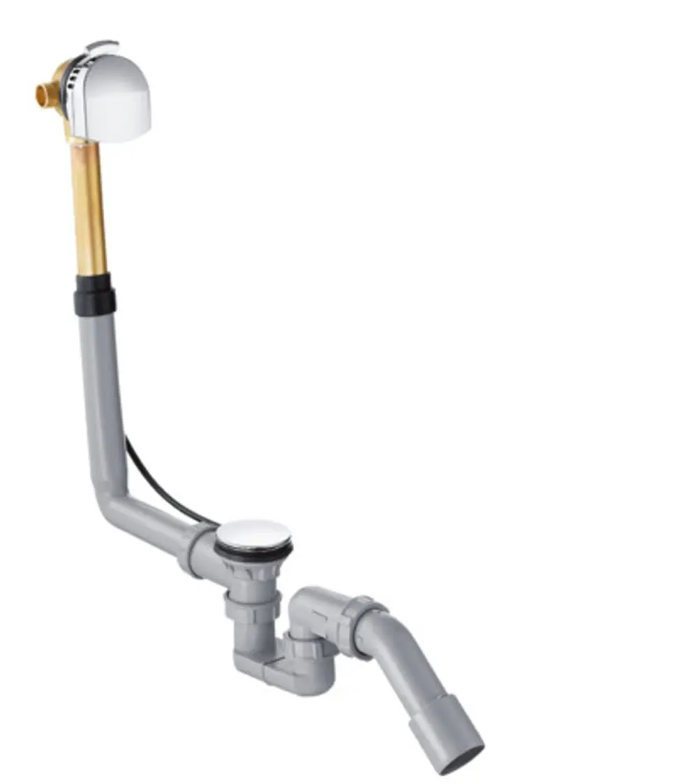 Hansgrohe Wanneneinlauf mit Ablauf- und Überlaufgarnitur in Chrom, bestehend aus verschiedenen Rohren und Anschlüssen für die Installation in Badezimmern.